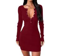 Women Long Sleeve Sweater Dress, Sexy V-Neck Button-Up Bodycon Dress, Autumn and Winter Ribbed Stretch Knit Mini Dresses, for Daily Wear, Work, Date, Club, Cocktail Party (Red,XL)