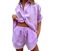 Women Loose 2 Pieces Set Outfit Button Down Long Sleeve Shirt and Drawstring Shorts Loungewear Tracksuit (Purple, M)