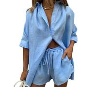 Women Loose 2 Pieces Set Outfit Button Down Long Sleeve Shirt and Drawstring Shorts Loungewear Tracksuit (Blue A, M)