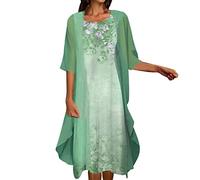 Women' Maxi Dress 2026 Print Short Two Piece Round Sleeves Casual Tulle Cardigan Belt Cotton Loose Dresses(Green,XL)