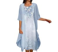 Women' Maxi Dress 2026 Print Short Two Piece Round Sleeves Casual Tulle Cardigan Belt Cotton Loose Dresses(Blue,3XL)