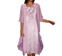 Women' Maxi Dress 2026 Print Short Two Piece Round Sleeves Casual Tulle Cardigan Belt Cotton Loose Dresses(Pink,3XL)