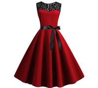 Women' Maxi Dress 2026 Women from The 50s Lace Branched Prom Swing Retro Solid Plain Festive Line(Red,M)