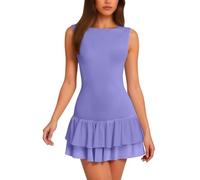 Women Mini Dress Double Layer Ruffle Ruffled Tiered Skirt Bodycon Sleeveless Tank Top Slim Fit Corset Short Dresses(Purple,L)