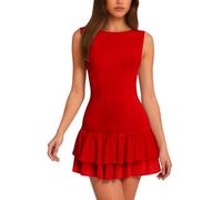 Women Mini Dress Double Layer Ruffle Ruffled Tiered Skirt Bodycon Sleeveless Tank Top Slim Fit Corset Short Dresses(Red,XL)