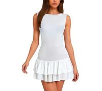 Women Mini Dress Double Layer Ruffle Ruffled Tiered Skirt Bodycon Sleeveless Tank Top Slim Fit Corset Short Dresses(White,S)