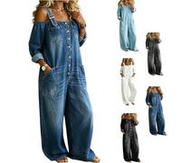 Women Off Shoulder Denim Jumpsuit Button Suspender Overalls with Pockets