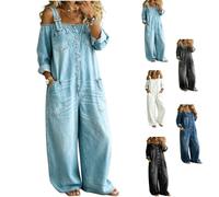 Women Off Shoulder Denim Jumpsuit Button Suspender Overalls with Pockets