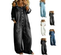 Women Off Shoulder Denim Jumpsuit Button Suspender Overalls with Pockets