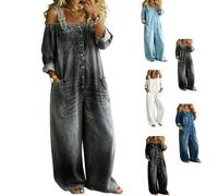 Women Off Shoulder Denim Jumpsuit Button Suspender Overalls with Pockets