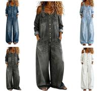 Women Off Shoulder Denim Jumpsuit,Button Suspender Overalls with Pockets,Casual Long Sleeve Sexy Loose Fit Wide Leg Rompers
