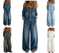 Women Off Shoulder Denim Jumpsuit,Button Suspender Overalls with Pockets,Casual Long Sleeve Sexy Loose Fit Wide Leg Rompers