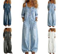 Women Off Shoulder Denim Jumpsuit,Button Suspender Overalls with Pockets,Casual Long Sleeve Sexy Loose Fit Wide Leg Rompers