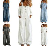 Women Off Shoulder Denim Jumpsuit,Button Suspender Overalls with Pockets,Casual Long Sleeve Sexy Loose Fit Wide Leg Rompers