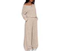 Women Off Shoulder Two Piece Set Loose Top Wide Leg Pants Outfit (Apricot,XL)