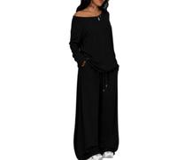 Women Off Shoulder Two Piece Set Loose Top Wide Leg Pants Outfit (Black,M)