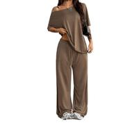 Women Off Shoulder Two Piece Set Loose Top Wide Leg Pants Outfit (Brown,L)