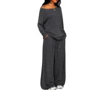 Women Off Shoulder Two Piece Set Loose Top Wide Leg Pants Outfit (Dark Gray,XL)