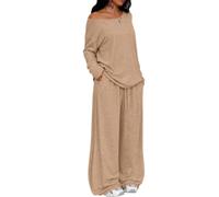 Women Off Shoulder Two Piece Set Loose Top Wide Leg Pants Outfit (Khaki,XL)