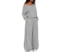 Women Off Shoulder Two Piece Set Loose Top Wide Leg Pants Outfit (Light Gray,M)