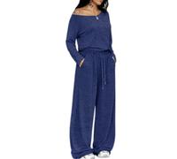 Women Off Shoulder Two Piece Set Loose Top Wide Leg Pants Outfit (Navy,XL)