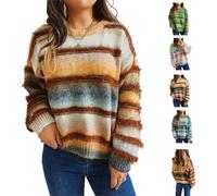 Women Oversized Fuzzy Gradient Striped Crew Neck Knit Pullover Sweater