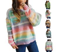 Women Oversized Fuzzy Gradient Striped Crew Neck Knit Pullover Sweater