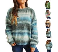Women Oversized Fuzzy Gradient Striped Crew Neck Knit Pullover Sweater