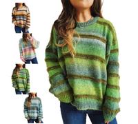 Women Oversized Fuzzy Gradient Striped Crew Neck Knit Pullover Sweater