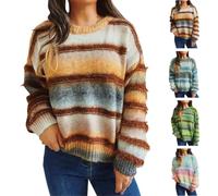 Women Oversized Fuzzy Gradient Striped Crew Neck Knit Pullover Sweater,Fall Winter Long Sleeve Casual Loose Jumper Tops