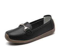 Women Penny Loafers Leather Low Heel Classic Handsewn Round Toe Slip On Casual Comfort Walking Office Work Fashion Driving Moccasins (Black,39)