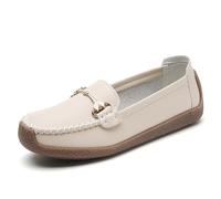 Women Penny Loafers Leather Low Heel Classic Handsewn Round Toe Slip On Casual Comfort Walking Office Work Fashion Driving Moccasins (Beige,41)