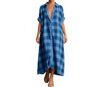 Women Plaid Button Down Long Linen Dress 3/4 Sleeve Button Down (Dark Blue,M)