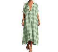 Women Plaid Button Down Long Linen Dress 3/4 Sleeve Button Down (Green,M)
