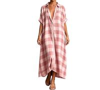 Women Plaid Button Down Long Linen Dress 3/4 Sleeve Button Down (Pink,S)