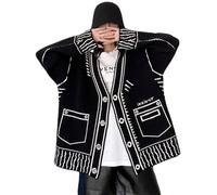 Women Print Graffiti Unique Cardigan Sweater Y2k Fake Pocket Long Sleeve Button Up Open Front Knit Sweaters Coat