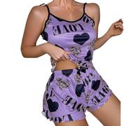 Women Print Sleepwear Sexy Two Pieces Sleeveless Shorts Set Sexy Underwear Sleepwear Suit Pajamas Pijama Mujer Sexy (Purple, XXL)