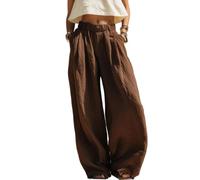 Women Pull On Pants with Pockets Elastic Waist Wide Leg Pants, Café, M