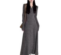 Women Ribbed Knit Maxi Dress Long Sleeve V Neck, Bodycon Sweater Dress, Slim Fit A-Line Long DRES Party Clubwear, Button Vintage Classic A-Line Graceful Vestidos (Gray,S)