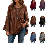 Women Round Neck Pleated Fringe Tiered Tops Flare Long Bell Sleeve Shirts