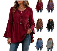 Women Round Neck Pleated Fringe Tiered Tops Flare Long Bell Sleeve Shirts