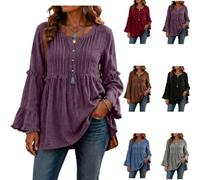 Women Round Neck Pleated Fringe Tiered Tops Flare Long Bell Sleeve Shirts