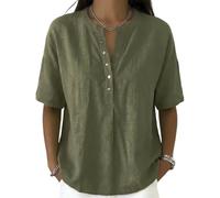 Women’s Casual Henley Collar Linen and Cotton Short-Sleeve Shirt Perfect For Laid-Back Days, Combines Comfort and Style (Army Green,3XL)