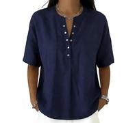 Women’s Casual Henley Collar Linen and Cotton Short-Sleeve Shirt Perfect For Laid-Back Days, Combines Comfort and Style (Dark Blue,L)