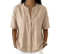 Women’s Casual Henley Collar Linen and Cotton Short-Sleeve Shirt Perfect For Laid-Back Days, Combines Comfort and Style (Khaki,3XL)
