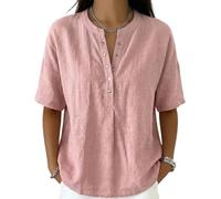 Women’s Casual Henley Collar Linen and Cotton Short-Sleeve Shirt Perfect For Laid-Back Days, Combines Comfort and Style (Pink,3XL)