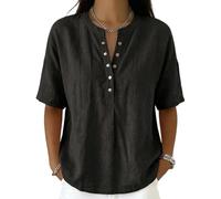 Women’s Casual Henley Collar Linen and Cotton Short-Sleeve Shirt Perfect For Laid-Back Days, Combines Comfort and Style (Black,3XL)