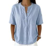 Women’s Casual Henley Collar Linen and Cotton Short-Sleeve Shirt Perfect For Laid-Back Days, Combines Comfort and Style (Light Blue,3XL)