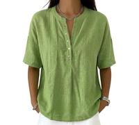 Women’s Casual Henley Collar Linen and Cotton Short-Sleeve Shirt Perfect For Laid-Back Days, Combines Comfort and Style (Green,3XL)