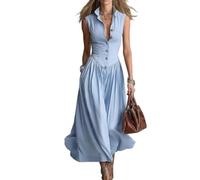 Women‘s Cotton Linen Maxi Shirt Dress - V Neck Button Down Ruffle Boho (Blue,M)